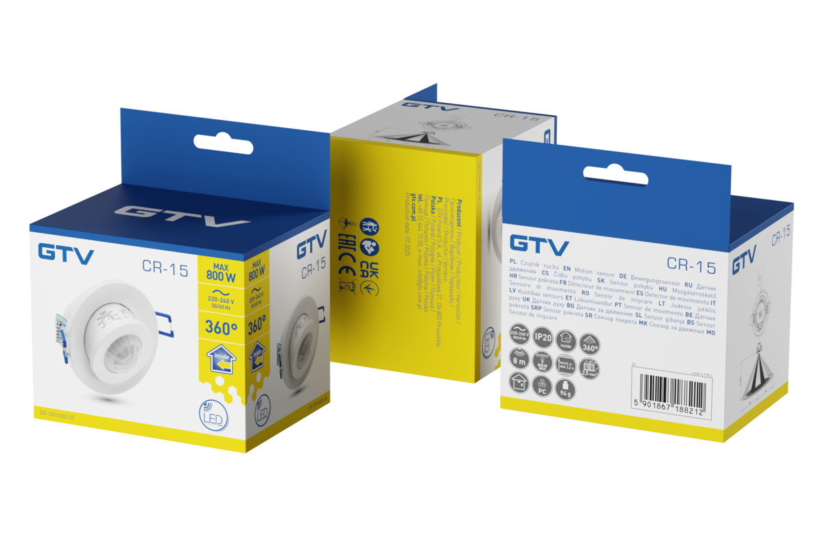 Датчик за движение CR-15, макс.800W, AC220-240V, ъгъл 360°, обхват 8m, IP20, бял 1 Датчик за движение CR-15, макс.800W, AC220-240V, ъгъл 360°, обхват 8m, IP20, бял